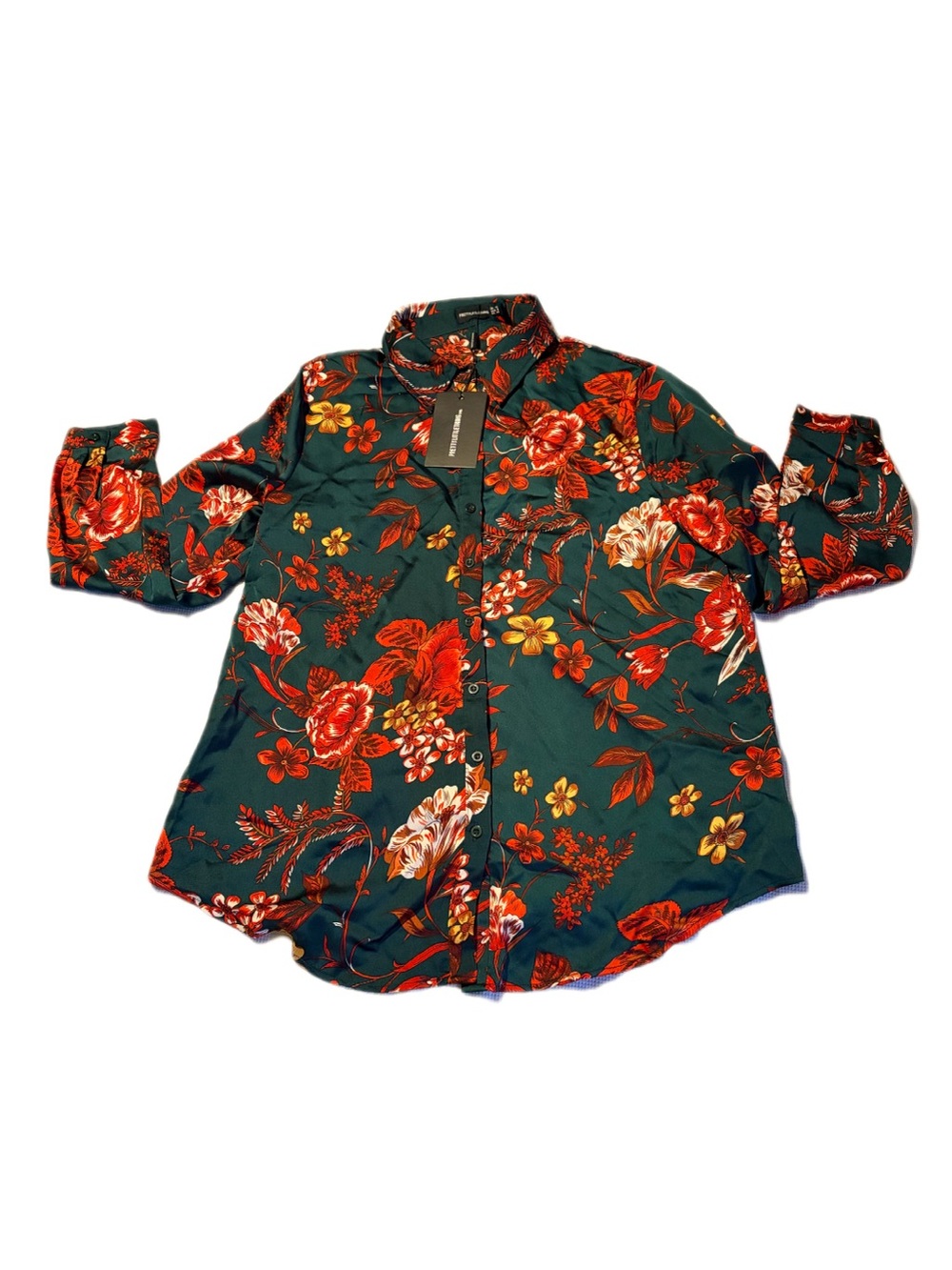 PrettyLittleThing Emerald Green Floral Oversized Shirt Blouse Size 8 NWT